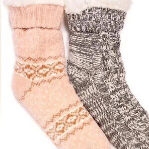 MUK LUKS 2 Pack Lined Rib Socks Soft Faux Fur WOMEN'S SIZE L-XL Pink & Gray NEW